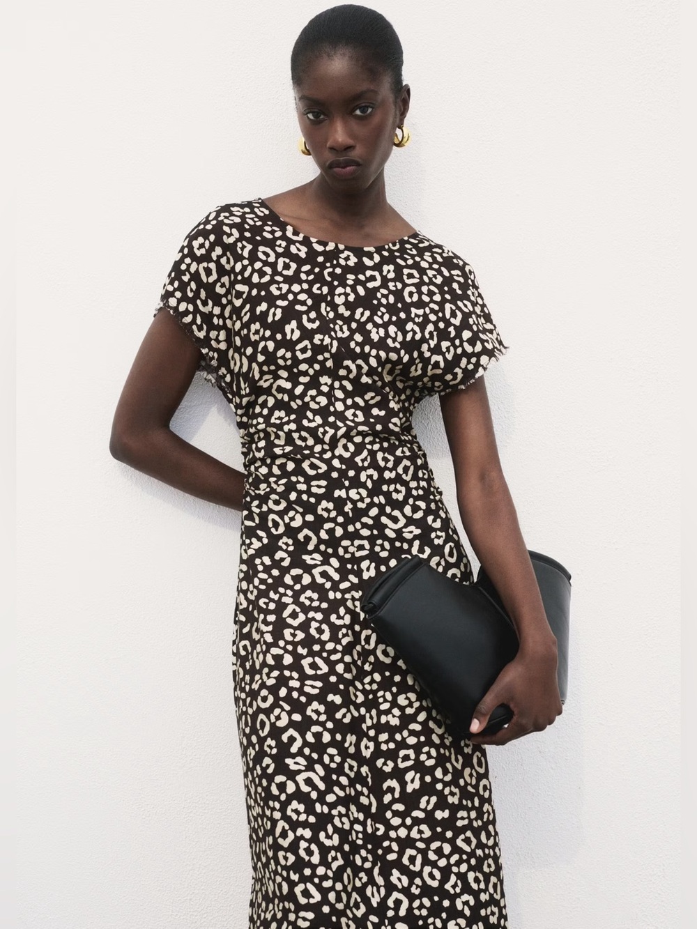 Mango Black animal-print dress with frayed edges NWT